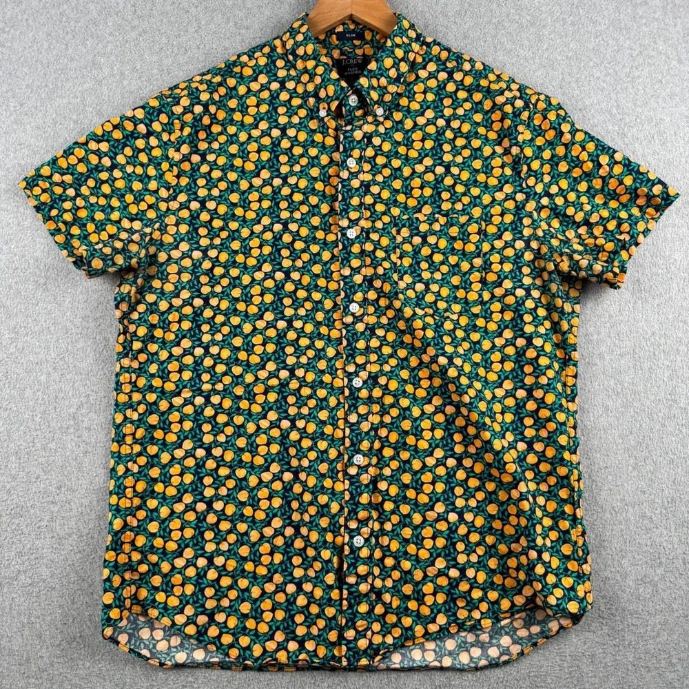 J.Crew Shirt Mens Large Flex Washed Slim Navy Blue Peach Fruit Print